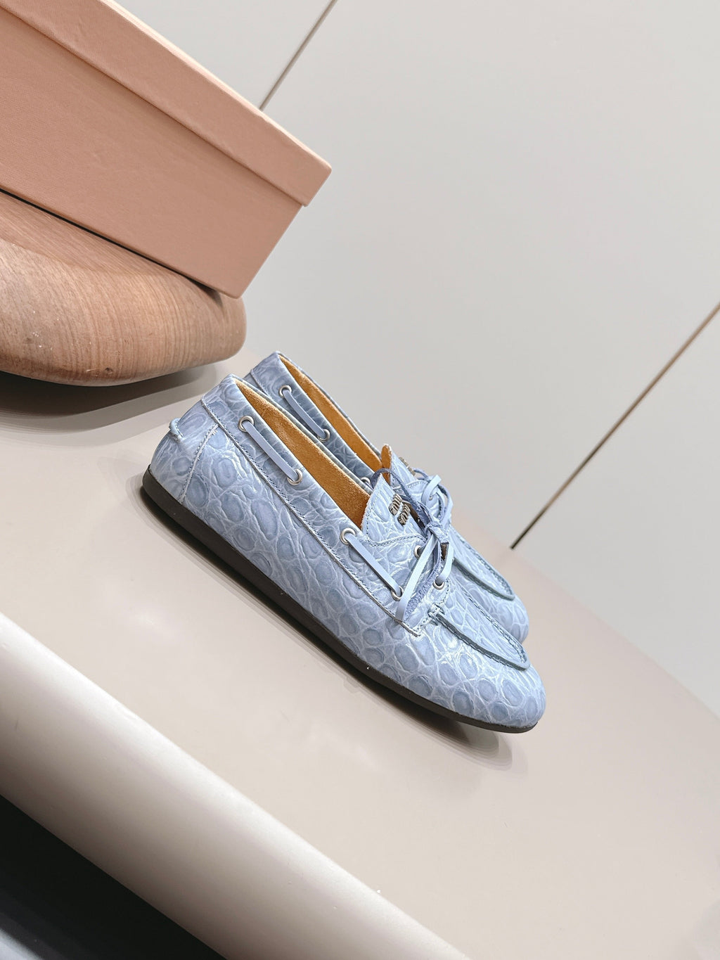 MIUMIU 26S BOAT SHOES IN BLUE EMBOSSED CALFSKIN