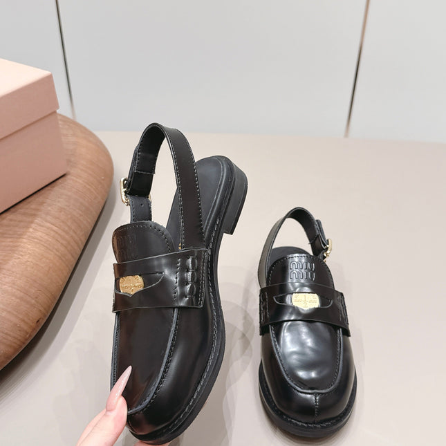 MIUMIU 26S PENNY SLINGBACK LOAFERS IN BLACK CALFSKIN GOLD HARDWARE