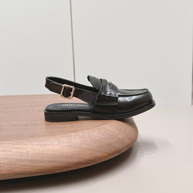 MIUMIU 26S PENNY SLINGBACK LOAFERS IN BLACK CALFSKIN GOLD HARDWARE