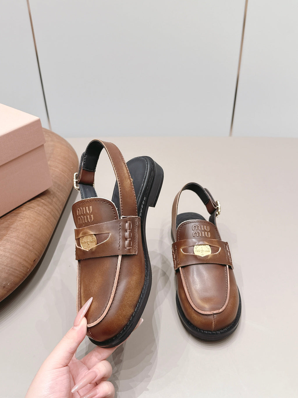 MIUMIU 26S PENNY SLINGBACK LOAFERS IN BROWN CALFSKIN GOLD HARDWARE