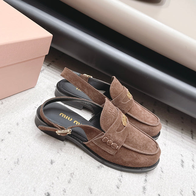 MIUMIU 26S PENNY SLINGBACK LOAFERS IN DARK BROWN SUEDE GOLD HARDWARE