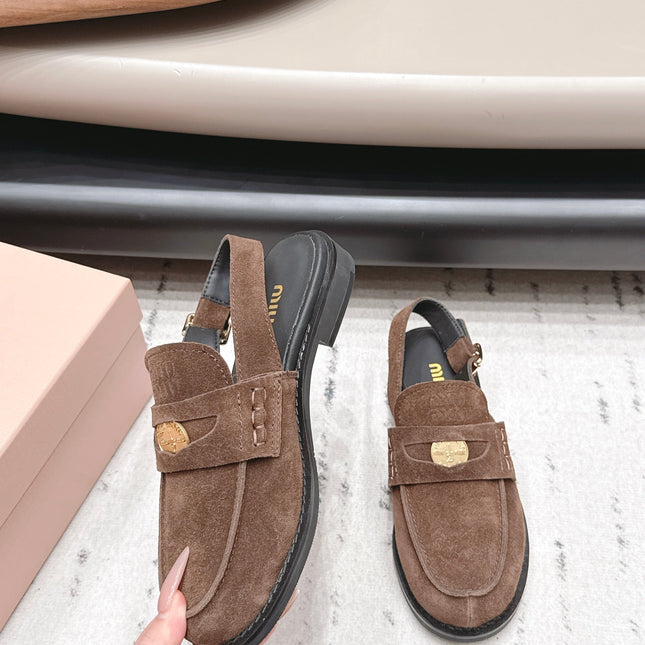 MIUMIU 26S PENNY SLINGBACK LOAFERS IN DARK BROWN SUEDE GOLD HARDWARE