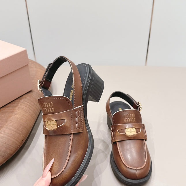MIUMIU 26S BLOCK HEEL PENNY SLINGBACK LOAFERS 50MM IN BROWN CALFSKIN