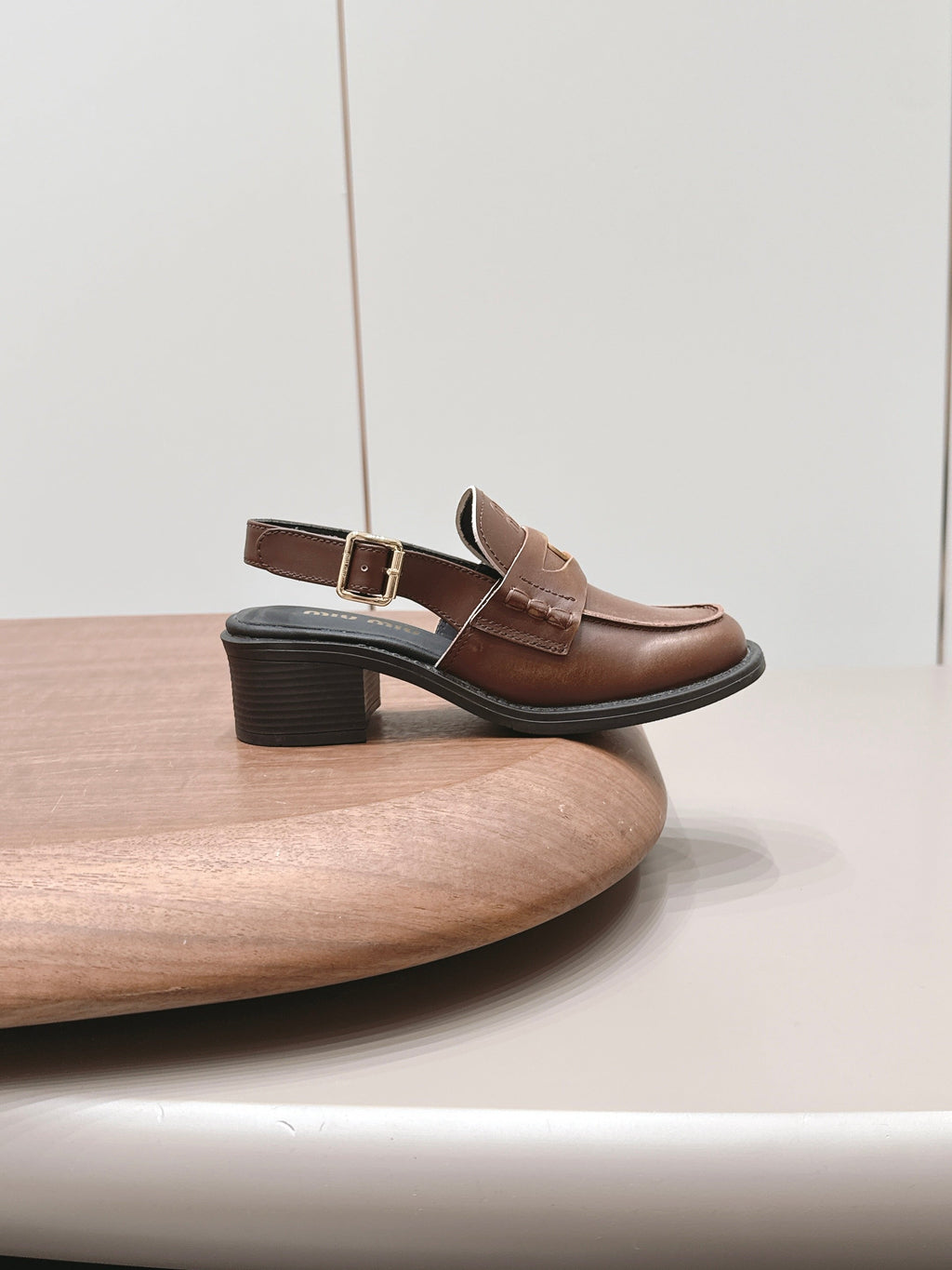 MIUMIU 26S BLOCK HEEL PENNY SLINGBACK LOAFERS 50MM IN BROWN CALFSKIN
