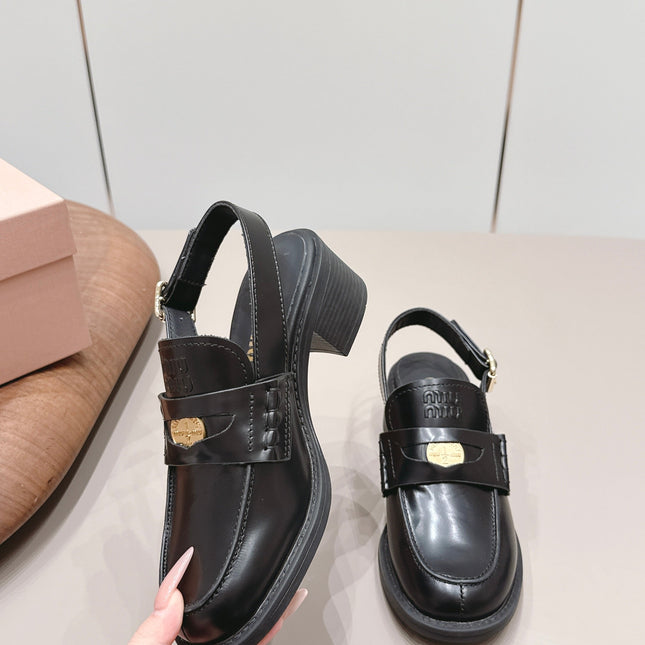 MIUMIU 26S BLOCK HEEL PENNY SLINGBACK LOAFERS 50MM IN BLACK CALFSKIN