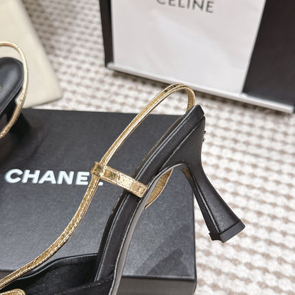 CHANEL 26S HIGH-HEEL SLINGBACKS IN BLACK SUESE WITH GOLD TRIM