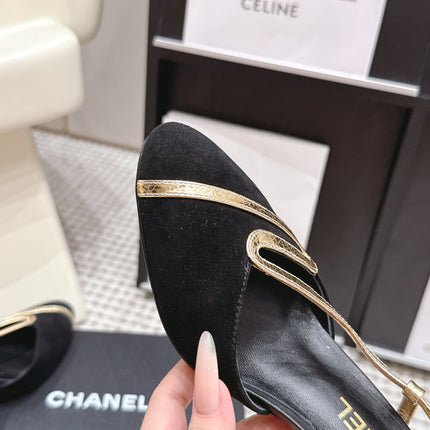 CHANEL 26S HIGH-HEEL SLINGBACKS IN BLACK SUESE WITH GOLD TRIM