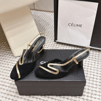 CHANEL 26S HIGH-HEEL SLINGBACKS IN BLACK SUESE WITH GOLD TRIM