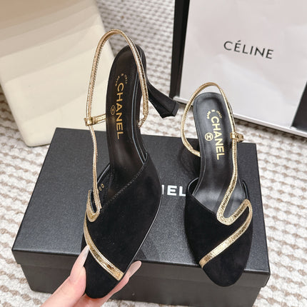 CHANEL 26S HIGH-HEEL SLINGBACKS IN BLACK SUESE WITH GOLD TRIM