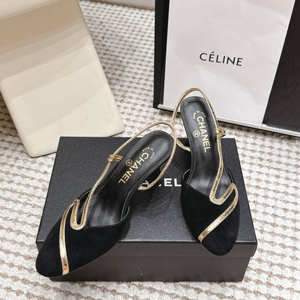 CHANEL 26S HIGH-HEEL SLINGBACKS IN BLACK SUESE WITH GOLD TRIM