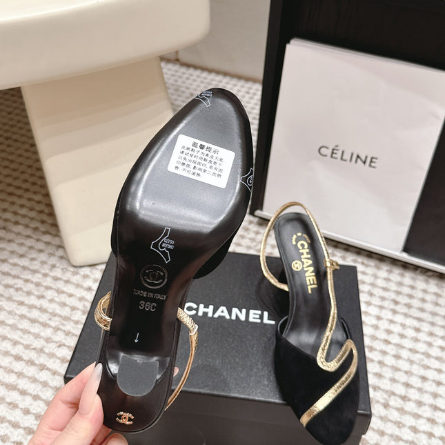CHANEL 26S HIGH-HEEL SLINGBACKS IN BLACK SUESE WITH GOLD TRIM