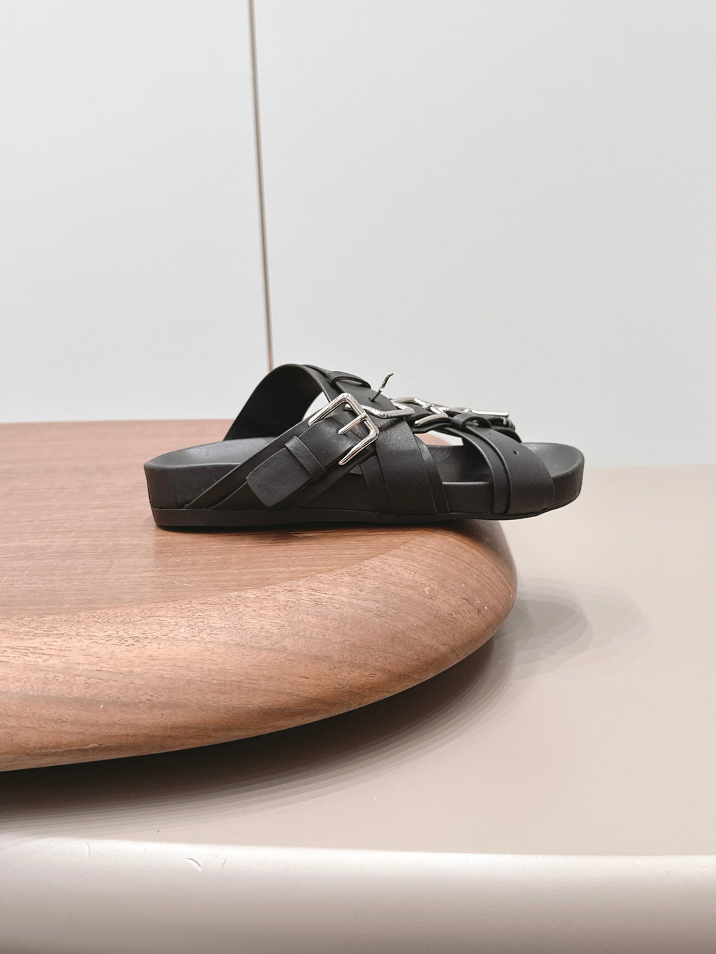 LOEWE 26S BUCKLE SLIDES IN BLACK CALFSKIN SILVER HARDWARE
