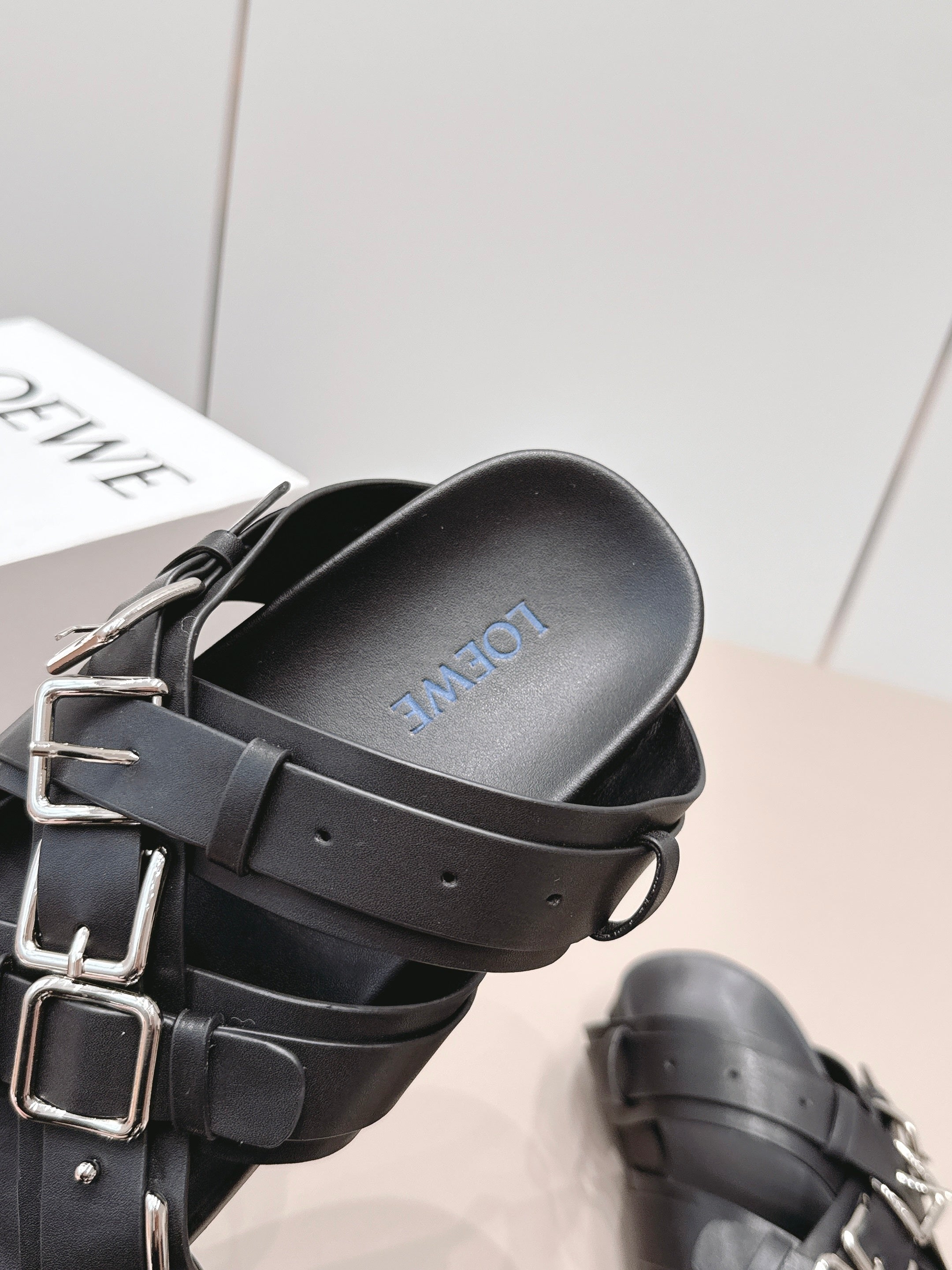 LOEWE 26S BUCKLE SLIDES IN BLACK CALFSKIN SILVER HARDWARE