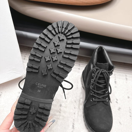 CELINE 26S LACE UP ANKLE BOOTS 40 MM IN BLACK SUEDE AND CALFSKIN