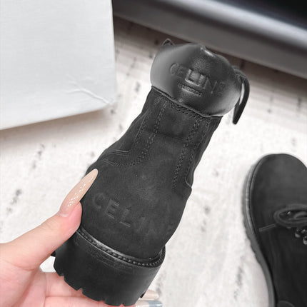 CELINE 26S LACE UP ANKLE BOOTS 40 MM IN BLACK SUEDE AND CALFSKIN