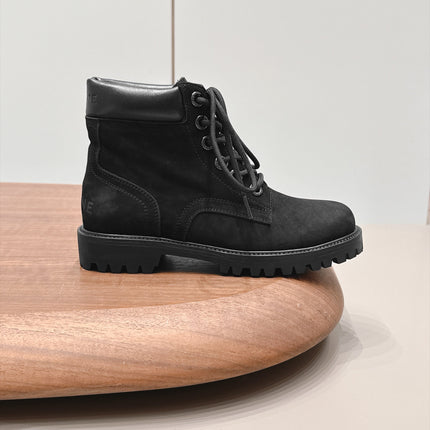 CELINE 26S LACE UP ANKLE BOOTS 40 MM IN BLACK SUEDE AND CALFSKIN