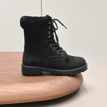 CELINE 26S LACE UP ANKLE BOOTS 40 MM IN BLACK SUEDE AND SHEARLING