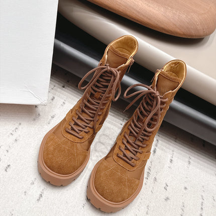 CELINE 26S LACE UP KNEE HIGH BOOTS 35 MM IN BROWN SUEDE AND FABRIC