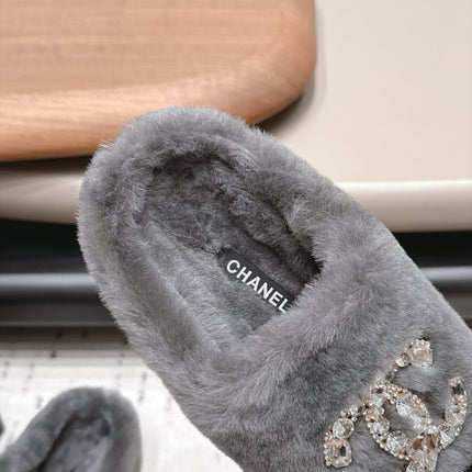 CHANEL 26S MULES IN GREY AND BLACK SHEARLING WITH ROUND TOE