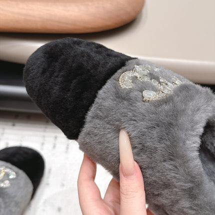 CHANEL 26S MULES IN GREY AND BLACK SHEARLING WITH ROUND TOE