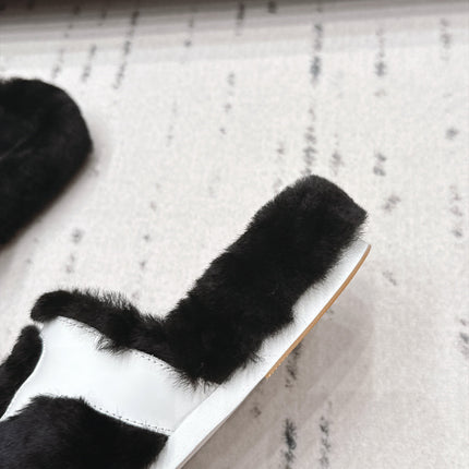 CHANEL 26S SLIDE SANDALS IN BLACK SHEARLING AND WHITE STRAP