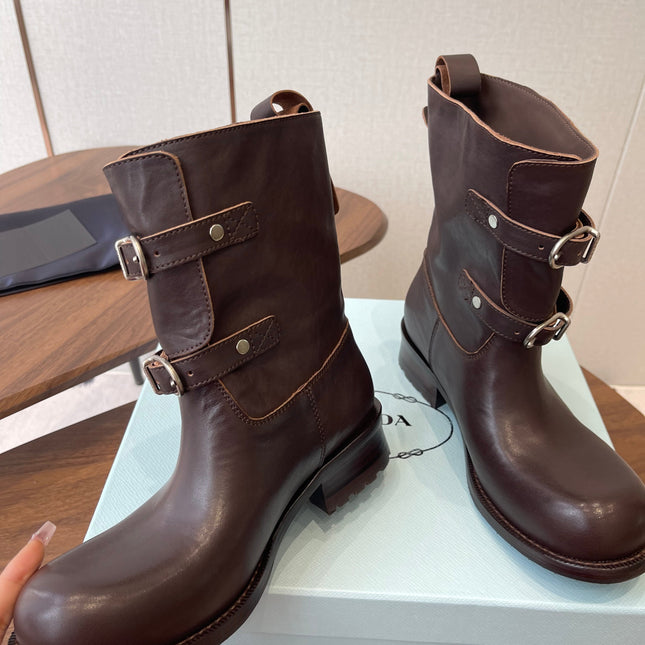 PRADA 25S TWO-BUTTON COWBOY BOOTS IN DARK BROWN CALFSKIN WITH SILVER HARDWARE