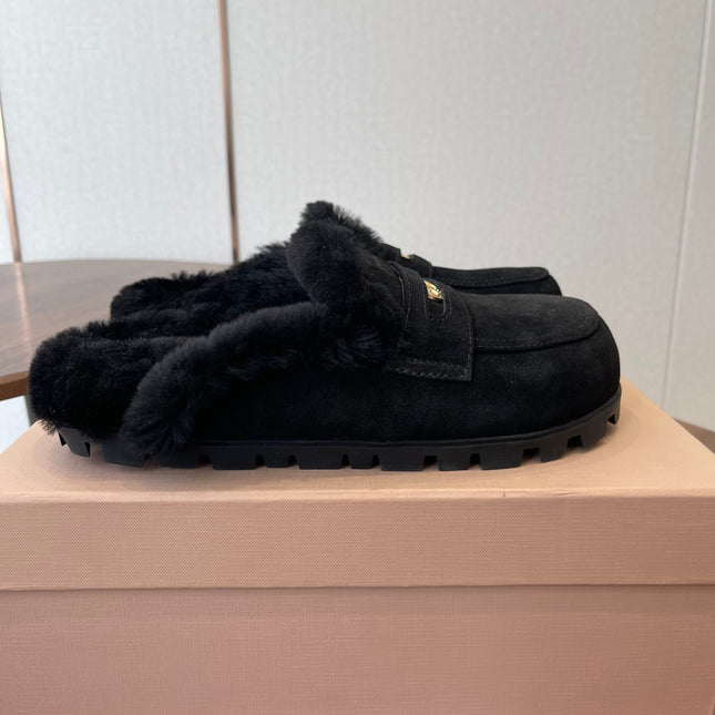 MIUMIU 25S MULES SLIPPERS SHEEPWOOL IN BLACK SUEDE