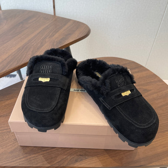 MIUMIU 25S MULES SLIPPERS SHEEPWOOL IN BLACK SUEDE