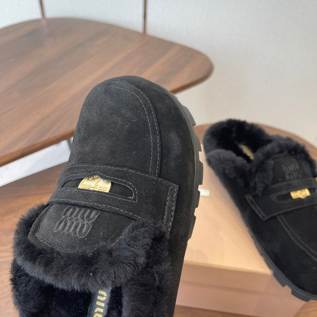 MIUMIU 25S MULES SLIPPERS SHEEPWOOL IN BLACK SUEDE