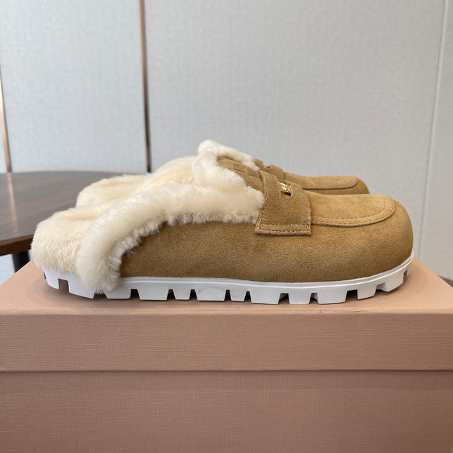 MIUMIU 25S MULES SLIPPERS SHEEPWOOL IN BROWN SUEDE