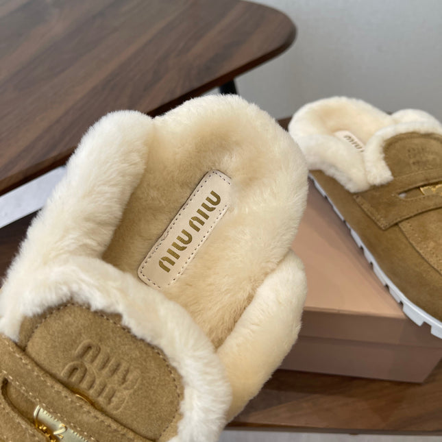 MIUMIU 25S MULES SLIPPERS SHEEPWOOL IN BROWN SUEDE