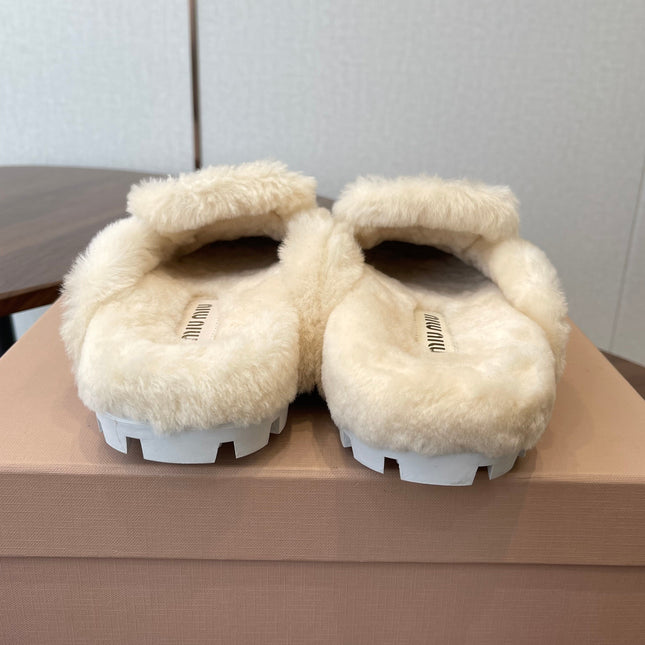 MIUMIU 25S MULES SLIPPERS SHEEPWOOL IN DARK BROWN SUEDE