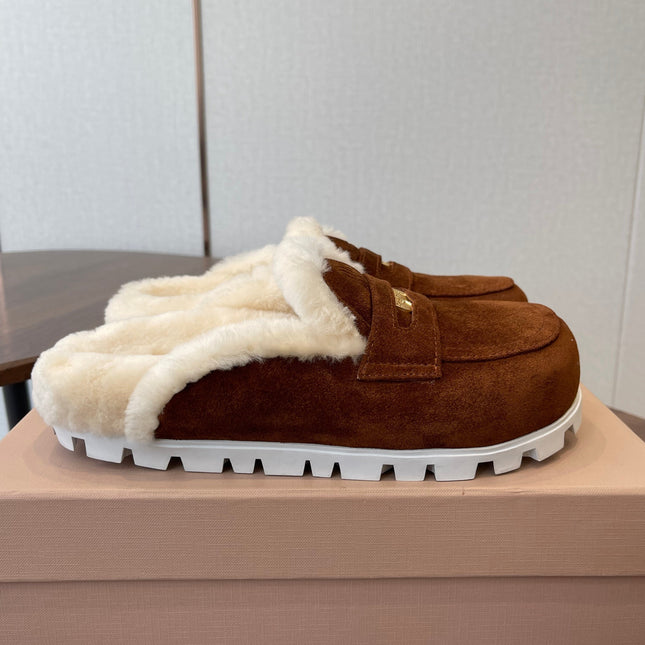MIUMIU 25S MULES SLIPPERS SHEEPWOOL IN DARK BROWN SUEDE