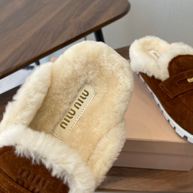 MIUMIU 25S MULES SLIPPERS SHEEPWOOL IN DARK BROWN SUEDE