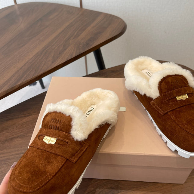 MIUMIU 25S MULES SLIPPERS SHEEPWOOL IN DARK BROWN SUEDE