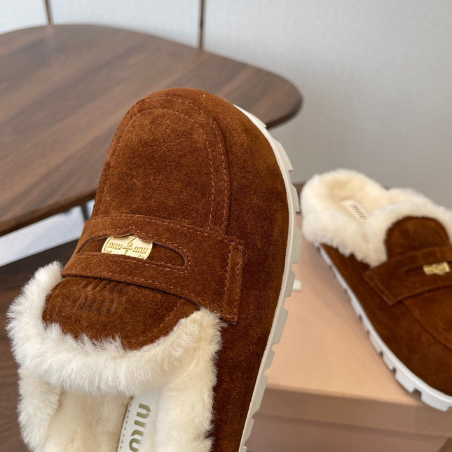 MIUMIU 25S MULES SLIPPERS SHEEPWOOL IN DARK BROWN SUEDE