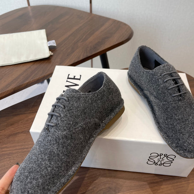 LOEWE 26S FOLIO DERBY SHOES IN DARK GRAY SUEDE
