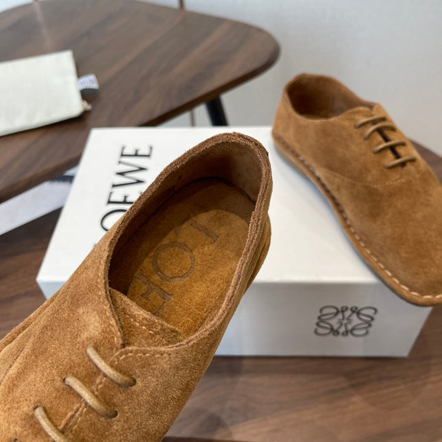 LOEWE 26S FOLIO DERBY SHOES IN DARK BROWN SUEDE