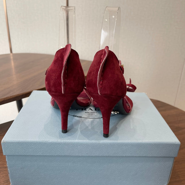 PRADA 26S HIGH HEEL SANDALS 85MM IN BURGUNDY RED SUEDE WITH BOW