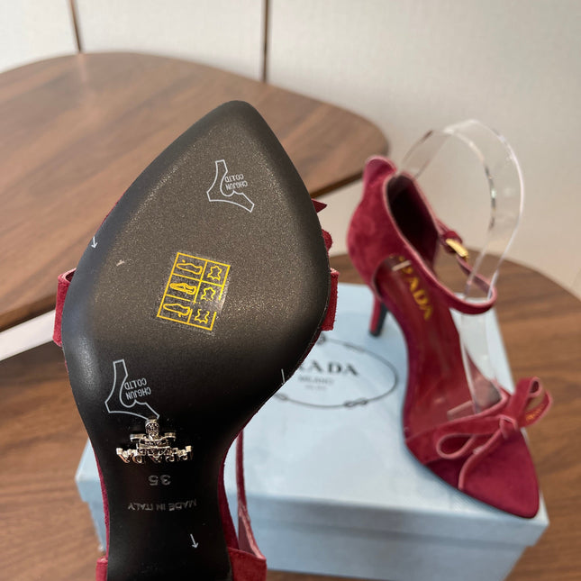 PRADA 26S HIGH HEEL SANDALS 85MM IN BURGUNDY RED SUEDE WITH BOW