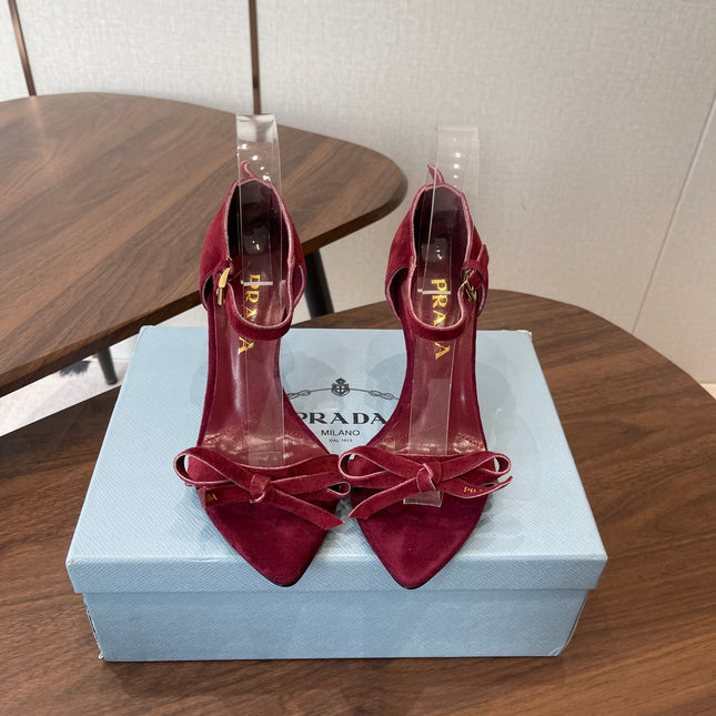 PRADA 26S HIGH HEEL SANDALS 85MM IN BURGUNDY RED SUEDE WITH BOW