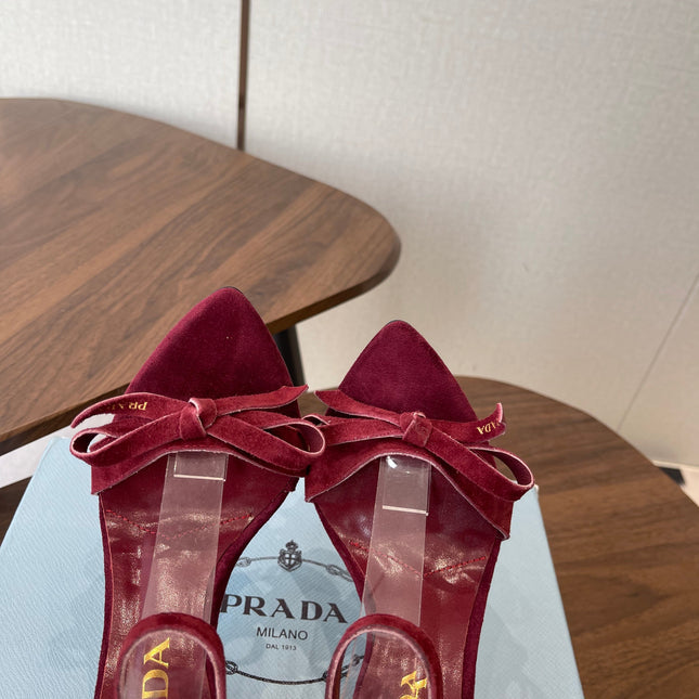 PRADA 26S HIGH HEEL SANDALS 85MM IN BURGUNDY RED SUEDE WITH BOW