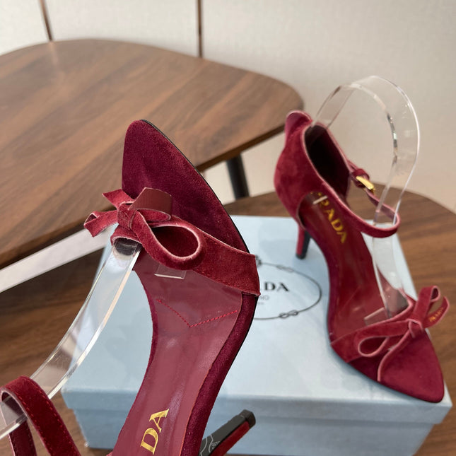 PRADA 26S HIGH HEEL SANDALS 85MM IN BURGUNDY RED SUEDE WITH BOW