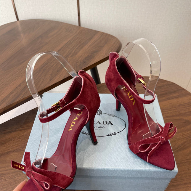 PRADA 26S HIGH HEEL SANDALS 85MM IN BURGUNDY RED SUEDE WITH BOW