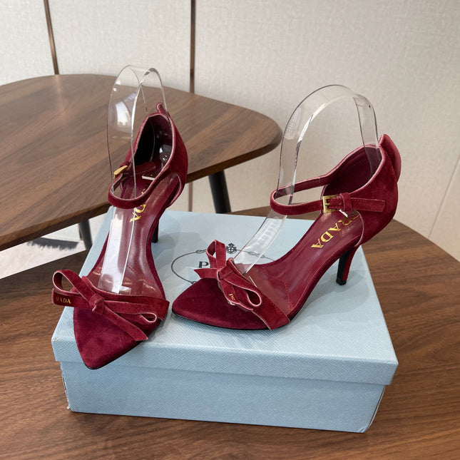 PRADA 26S HIGH HEEL SANDALS 85MM IN BURGUNDY RED SUEDE WITH BOW
