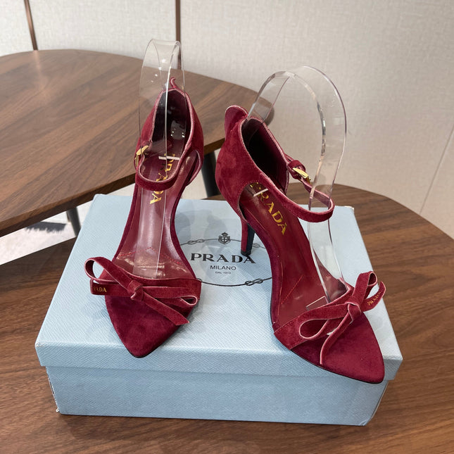 PRADA 26S HIGH HEEL SANDALS 85MM IN BURGUNDY RED SUEDE WITH BOW