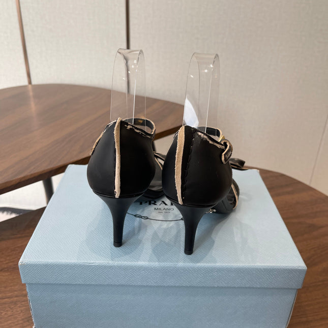 PRADA 26S HIGH HEEL SANDALS 85MM IN BLACK CALFSKIN WITH BOW