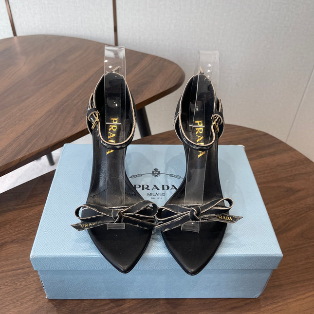 PRADA 26S HIGH HEEL SANDALS 85MM IN BLACK CALFSKIN WITH BOW