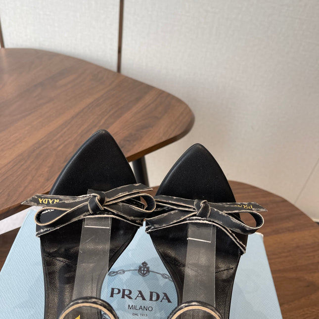PRADA 26S HIGH HEEL SANDALS 85MM IN BLACK CALFSKIN WITH BOW