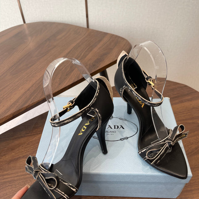 PRADA 26S HIGH HEEL SANDALS 85MM IN BLACK CALFSKIN WITH BOW
